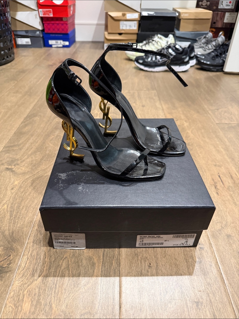 Saint Laurent Black Patent Leather YSL Logo Stiletto Sandals